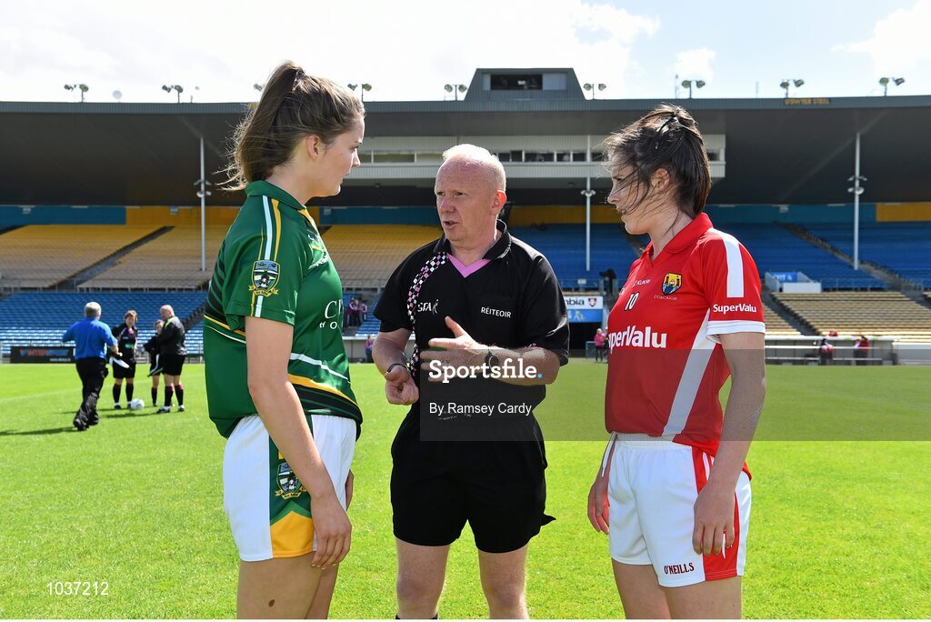 3 August 2015; Referee Gerry Carmody speaks with team captains, Meath's Kate Byrne and Cork's Ciara O'Sullivan. TG4 Ladies Football All-Ireland Senior Championship, Qualifier Round 2, Cork v Meath. Semple Stadium, Thurles, Co. Tipperary. Picture credit: Ramsey Cardy / SPORTSFILE