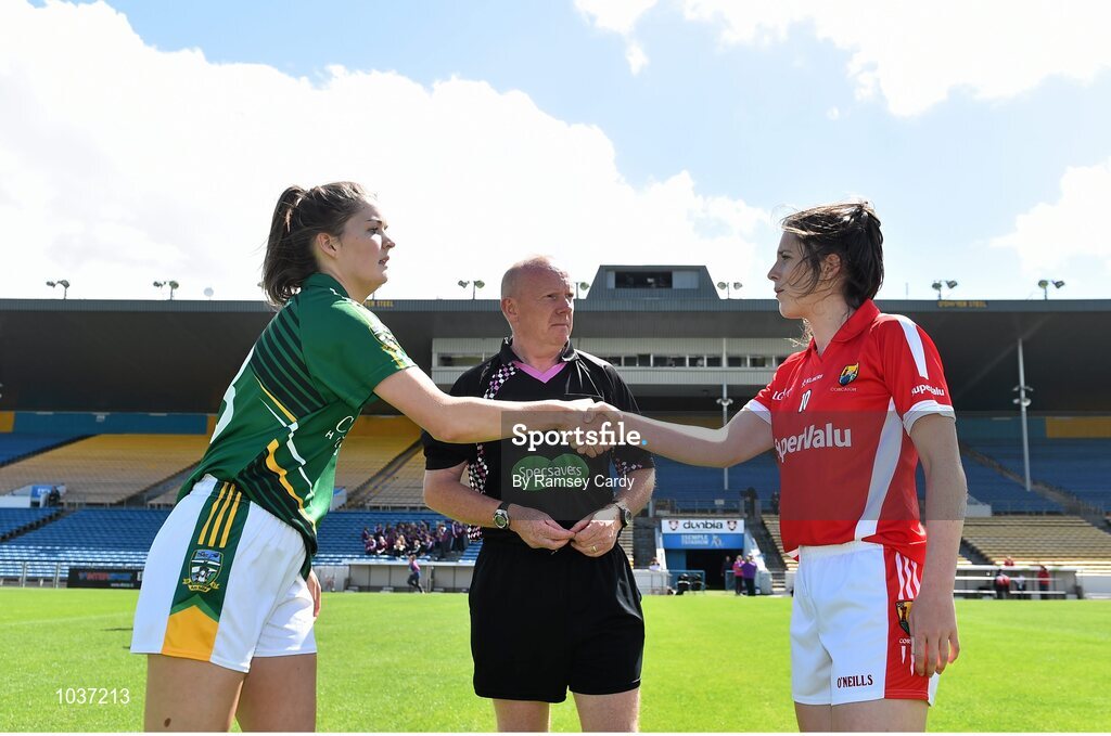 3 August 2015; Team captains Meath's Kate Byrne and Cork's Ciara O'Sullivan shake hands ahead of the game. TG4 Ladies Football All-Ireland Senior Championship, Qualifier Round 2, Cork v Meath. Semple Stadium, Thurles, Co. Tipperary. Picture credit: Ramsey Cardy / SPORTSFILE