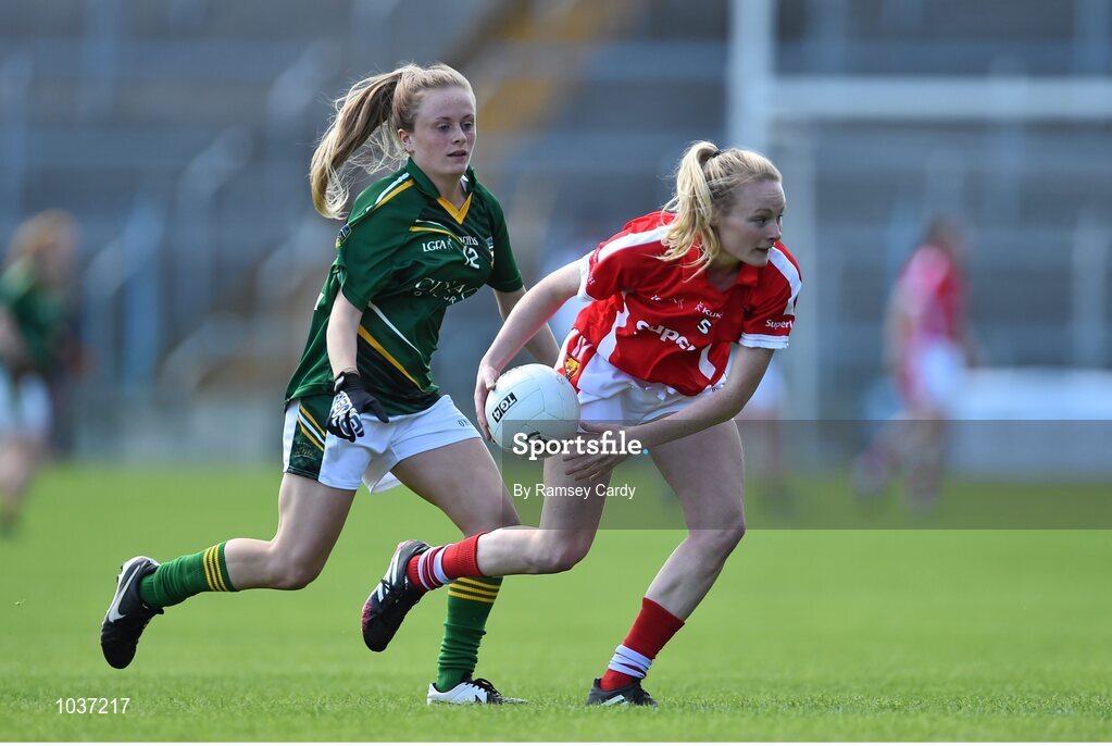 3 August 2015; Vera Foley, Cork, in action against Megan Thynne, Meath. TG4 Ladies Football All-Ireland Senior Championship, Qualifier Round 2, Cork v Meath. Semple Stadium, Thurles, Co. Tipperary. Picture credit: Ramsey Cardy / SPORTSFILE