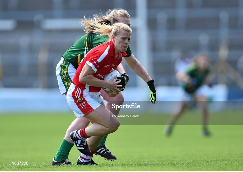 3 August 2015; Deirdre O'Reilly, Cork, in action against Samantha Monaghan, Meath. TG4 Ladies Football All-Ireland Senior Championship, Qualifier Round 2, Cork v Meath. Semple Stadium, Thurles, Co. Tipperary. Picture credit: Ramsey Cardy / SPORTSFILE