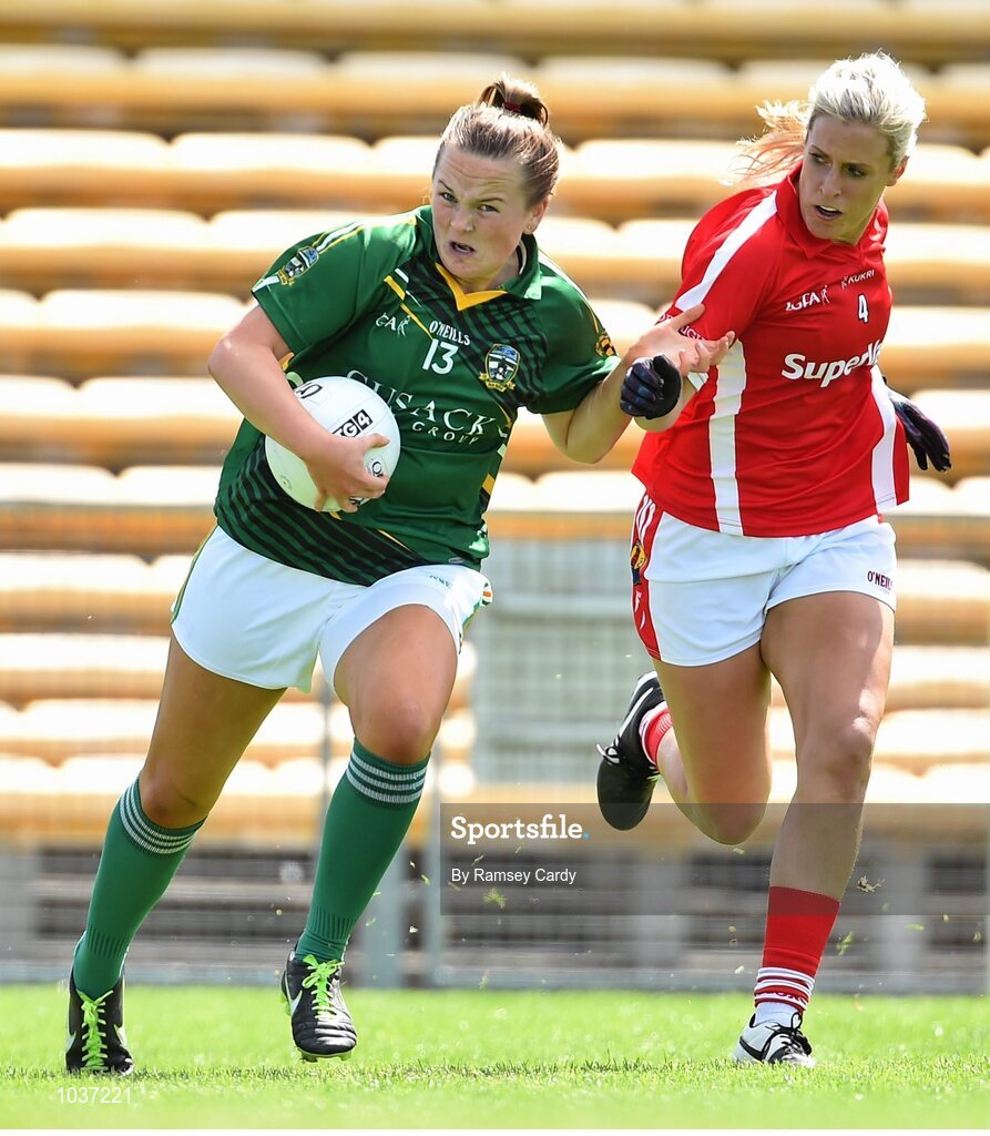 3 August 2015; Victoria Wall, Meath, in action against Bríd Stack, Cork. TG4 Ladies Football All-Ireland Senior Championship, Qualifier Round 2, Cork v Meath. Semple Stadium, Thurles, Co. Tipperary. Picture credit: Ramsey Cardy / SPORTSFILE