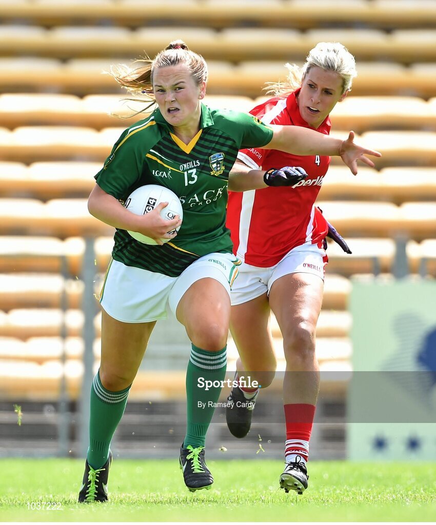 3 August 2015; Victoria Wall, Meath, in action against Bríd Stack, Cork. TG4 Ladies Football All-Ireland Senior Championship, Qualifier Round 2, Cork v Meath. Semple Stadium, Thurles, Co. Tipperary. Picture credit: Ramsey Cardy / SPORTSFILE
