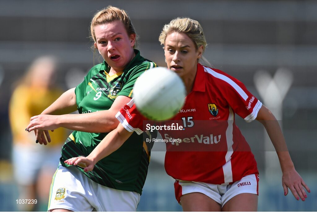 3 August 2015; Niamh Lister, Meath, in action against Orla Finn, Cork. TG4 Ladies Football All-Ireland Senior Championship, Qualifier Round 2, Cork v Meath. Semple Stadium, Thurles, Co. Tipperary. Picture credit: Ramsey Cardy / SPORTSFILE