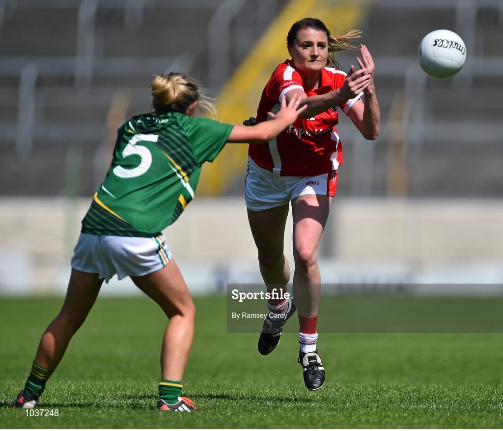3 August 2015; Annie Walsh, Cork, in action against Aideen Guy, Meath. TG4 Ladies Football All-Ireland Senior Championship, Qualifier Round 2, Cork v Meath. Semple Stadium, Thurles, Co. Tipperary. Picture credit: Ramsey Cardy / SPORTSFILE