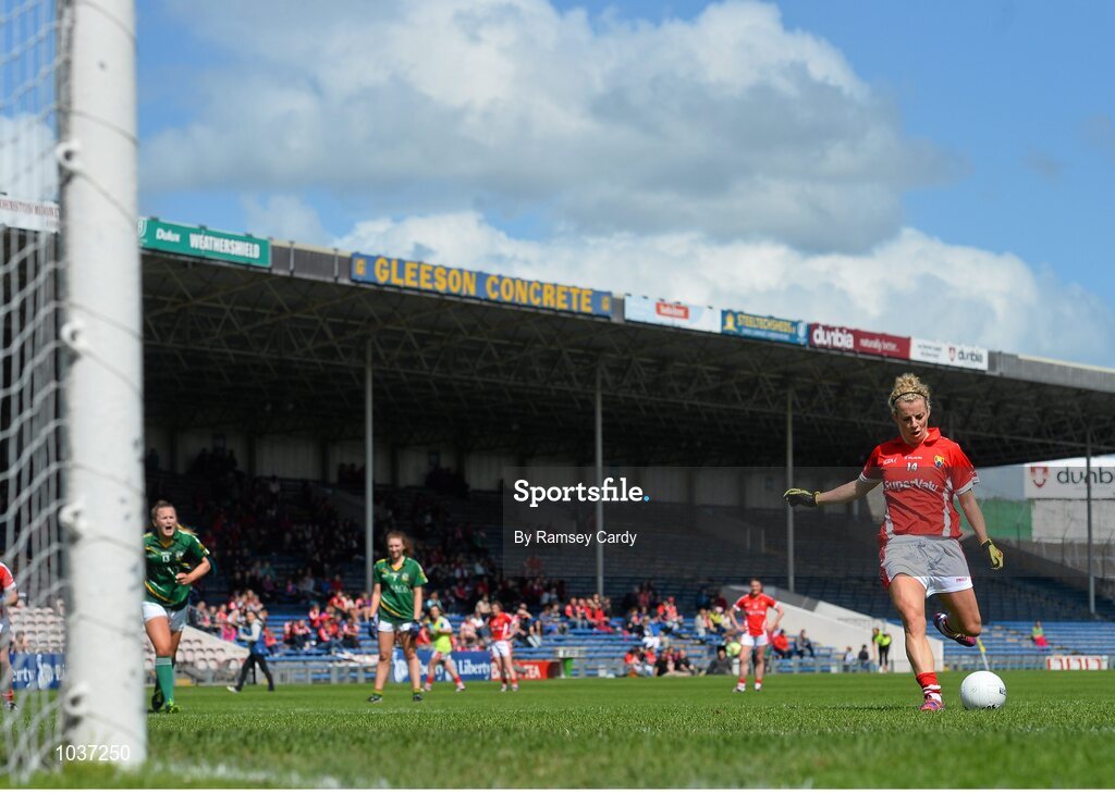 3 August 2015; Valerie Mulcahy, Cork, strikes a penalty. TG4 Ladies Football All-Ireland Senior Championship, Qualifier Round 2, Cork v Meath. Semple Stadium, Thurles, Co. Tipperary. Picture credit: Ramsey Cardy / SPORTSFILE