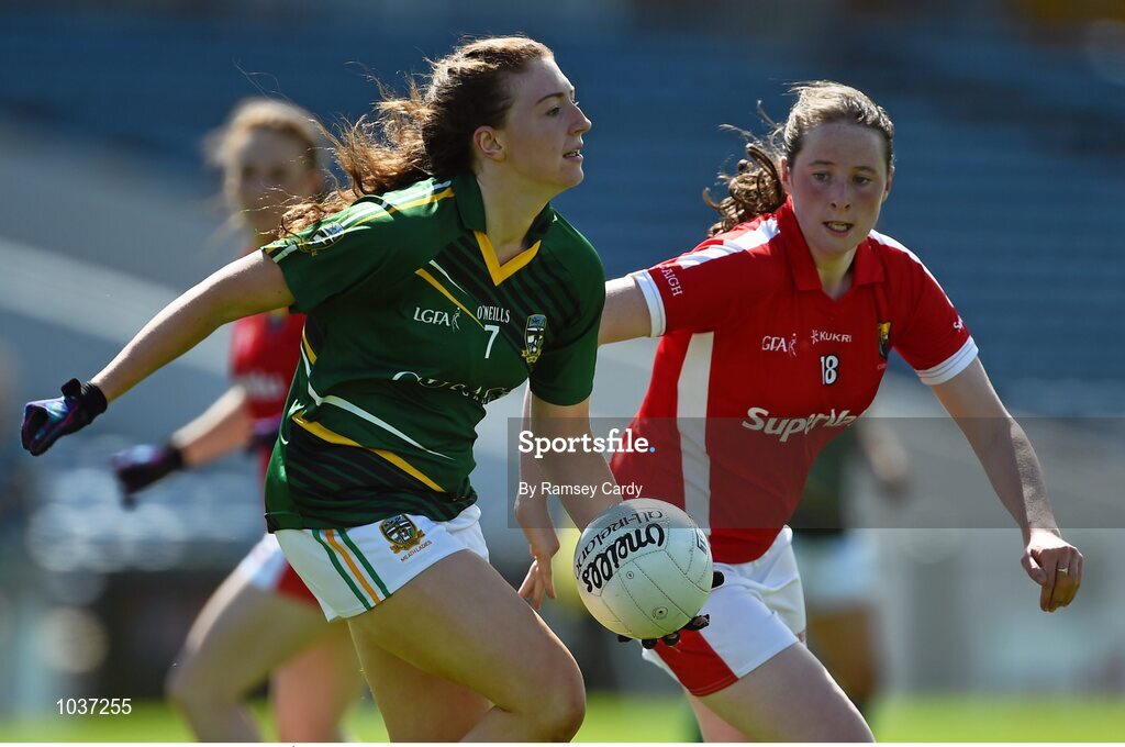 3 August 2015; Kate Flynn, Meath, in action against Áine O'Sullivan, Cork. TG4 Ladies Football All-Ireland Senior Championship, Qualifier Round 2, Cork v Meath. Semple Stadium, Thurles, Co. Tipperary. Picture credit: Ramsey Cardy / SPORTSFILE