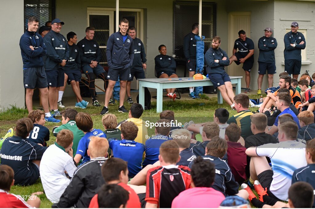 5 August 2015; Leinster Rugby's Ross Byrne and Tom Farrell visited the Bank of Ireland School of Excellence to talk to developing players about training, tips and their and their development as rugby players. King's Hospital, Palmerstown, Dublin Picture credit: Stephen McCarthy / SPORTSFILE