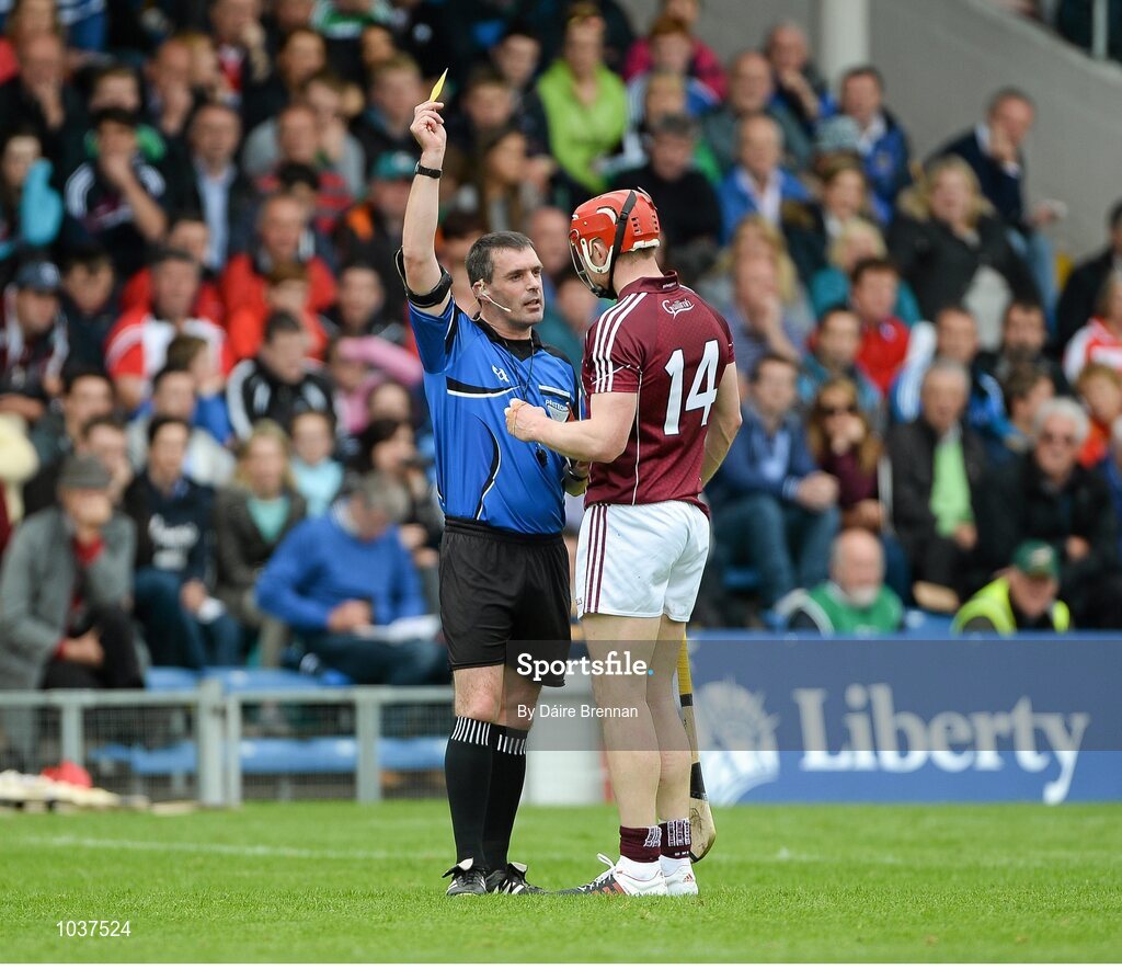 26 July 2015; Referee James Owens shows a yellow card to Joe Canning, Galway. GAA Hurling All-Ireland Senior Championship, Quarter-Final, Galway v Cork. Semple Stadium, Thurles, Co. Tipperary. Picture credit: Dáire Brennan / SPORTSFILE