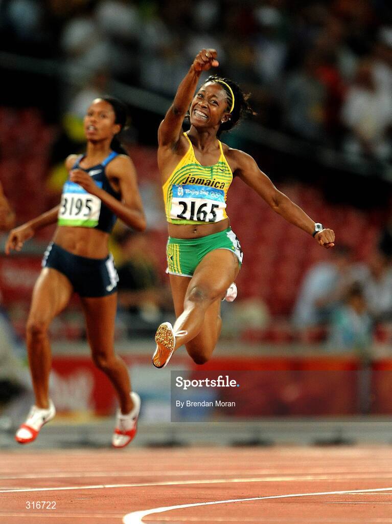 17 August 2008; Shelly Ann Fraser, of Jamaica, celebrates winning the Women's 100m Final in a time of 10.78 seconds. Beijing 2008 - Games of the XXIX Olympiad, National Stadium, Olympic Green, Beijing, China. Picture credit: Brendan Moran / SPORTSFILE