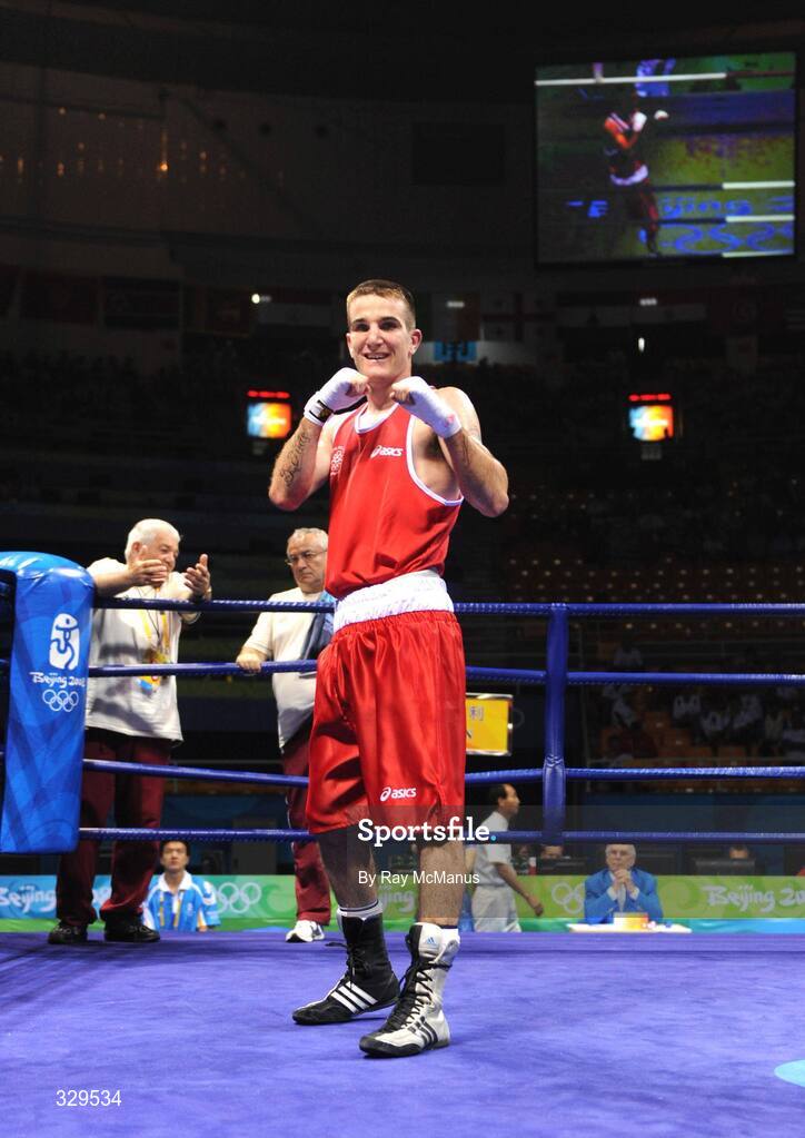 10 August 2008; John Joe Joyce, Ireland, in action against Gyula Kate, blue, Hungary, during the 'Round of 32' Light Welter, 64 kg, contest. Beijing 2008 - Games of the XXIX Olympiad, Beijing Workers Gymnasium, Olympic Green, Beijing, China. Picture credit: Ray McManus / SPORTSFILE