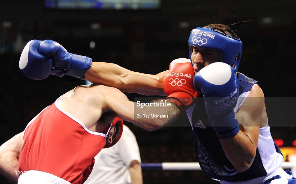 10 August 2008; John Joe Joyce, Ireland, in action against Gyula Kate, right, Hungary, during the 'Round of 32' Light Welter, 64 kg, contest. Beijing 2008 - Games of the XXIX Olympiad, Beijing Workers Gymnasium, Olympic Green, Beijing, China. Picture credit: Ray McManus / SPORTSFILE
