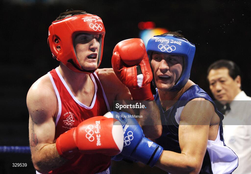 10 August 2008; John Joe Joyce, Ireland, in action against Gyula Kate, right, Hungary, during the 'Round of 32' Light Welter, 64 kg, contest. Beijing 2008 - Games of the XXIX Olympiad, Beijing Workers Gymnasium, Olympic Green, Beijing, China. Picture credit: Ray McManus / SPORTSFILE