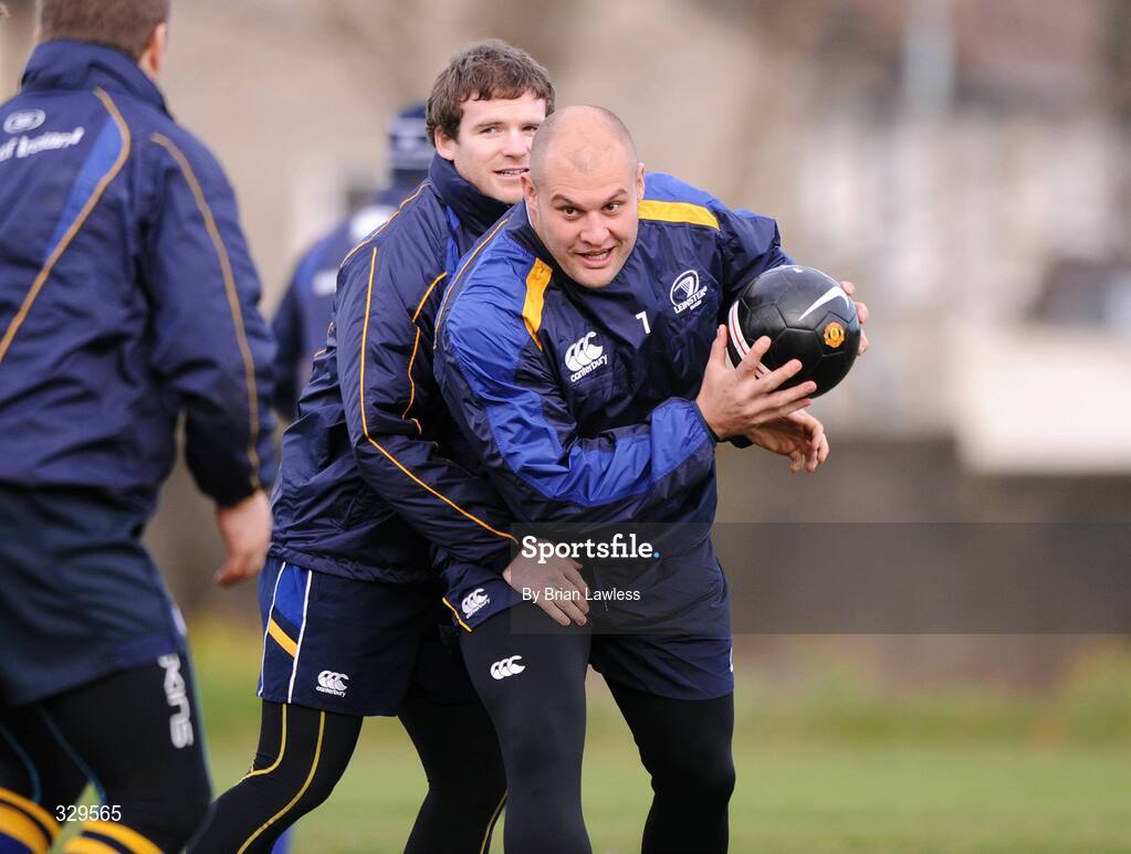 2 December 2008; Leinster's CJ van der Linde, right, and Gordon D'Arcy in action during squad training. Leinster Rugby Squad Training, UCD, Dublin. Picture credit: Paul Mohan / SPORTSFILE