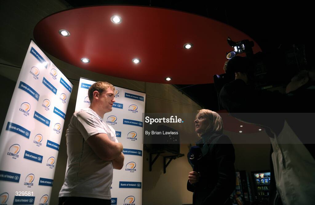 2 December 2008; Leinster's Jamie Heaslip during a television interview. Leinster Rugby Press Conference, David Lloyd Riverview, Clonskeagh, Dublin. Picture credit: Paul Mohan / SPORTSFILE