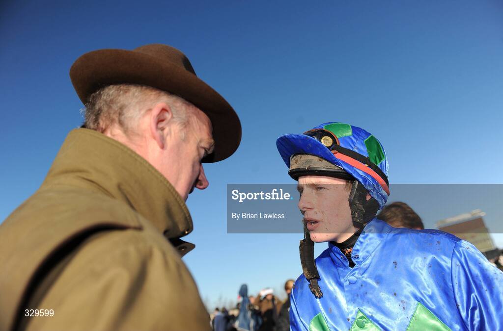 30 November 2008; Jockey Paul Townend speaks with trainer Willy Mullins after winning the Bar One Racing Royal Bond Novice Hurdle on Hurricane Fly. Fairyhouse Winter Festival 2008, Fairyhouse Racecourse, Co. Meath. Picture credit: Brian Lawless / SPORTSFILE