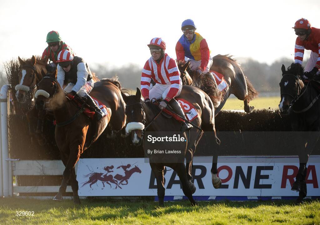 30 November 2008; Forpadydeplasterer leads the field over the last 'first time around' during the Bar One Racing Drinmore Novice Steeplechase. Fairyhouse Winter Festival 2008, Fairyhouse Racecourse, Co. Meath. Picture credit: Brian Lawless / SPORTSFILE