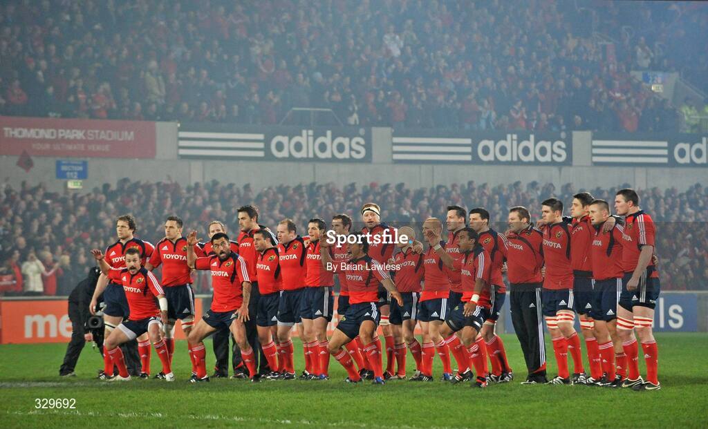 18 November 2008; The New Zealand members of the Munster squad, from left, Jeremy Manning, Rua Tipoki, Doug Howlett and Lifeimi Mafi perform a Haka before the Zurich Challenge Match between Munster and New Zealand at Thomond Park in Limerick. Photo by Brian Lawless/Sportsfile