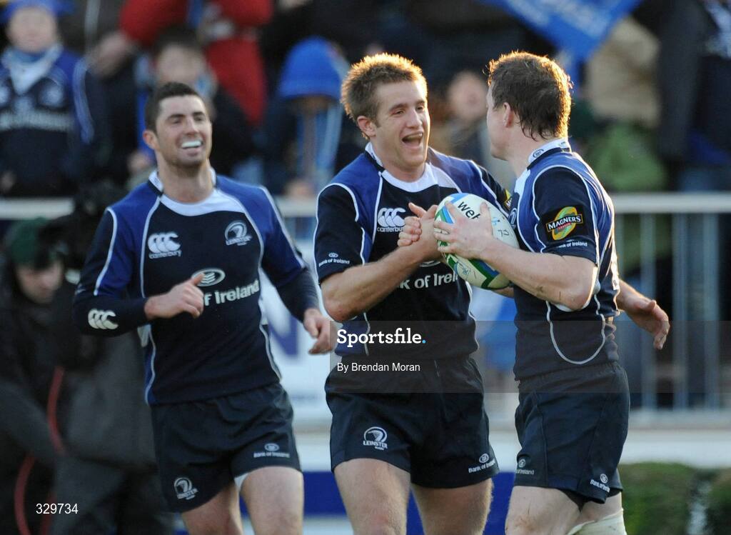 6 December 2008; Brian O'Driscoll, Leinster, is congratulated by team-mates Rob Kearney and Luke Fitzgerald after scoring his side's second try against Castres Olympique. Heineken Cup, Pool 2, Round 3, Leinster v Castres Olympique, RDS, Dublin. Picture credit: Brendan Moran / SPORTSFILE