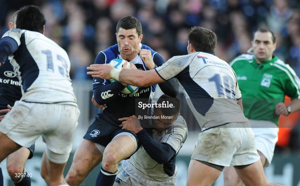 6 December 2008; Rob Kearney, Leinster, is tackled by Kevin Senio and Anthony Lagardere, 10, Castres Olympique. Heineken Cup, Pool 2, Round 3, Leinster v Castres Olympique, RDS, Dublin. Picture credit: Brendan Moran / SPORTSFILE