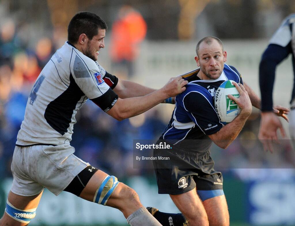 6 December 2008; Chris Whitaker, Leinster, is tackled by Ludovic Michaux, Castres Olympique. Heineken Cup, Pool 2, Round 3, Leinster v Castres Olympique, RDS, Dublin. Picture credit: Brendan Moran / SPORTSFILE