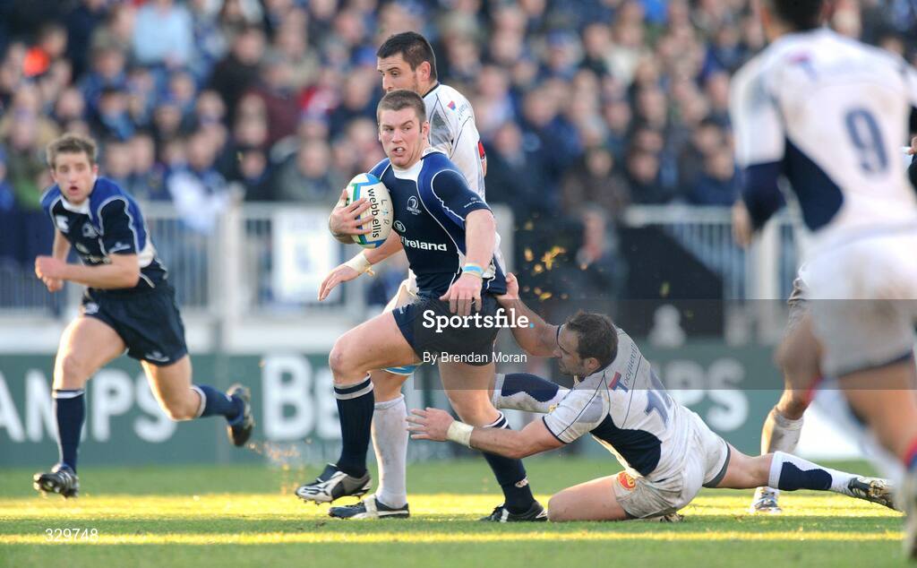 6 December 2008; Sean O'Brien, Leinster, is tackled by Anthony Lagardere, Castres Olympique. Heineken Cup, Pool 2, Round 3, Leinster v Castres Olympique, RDS, Dublin. Picture credit: Brendan Moran / SPORTSFILE