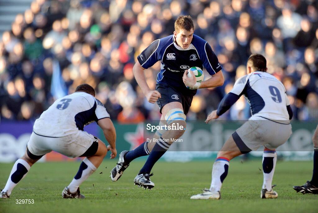 6 December 2008; Devin Toner, Leinster, charges towards Luc Ducalcon, left, and Kevin Senio, Castres Olympique. Heineken Cup, Pool 2, Round 3, Leinster v Castres Olympique, RDS, Dublin. Picture credit: Brendan Moran / SPORTSFILE