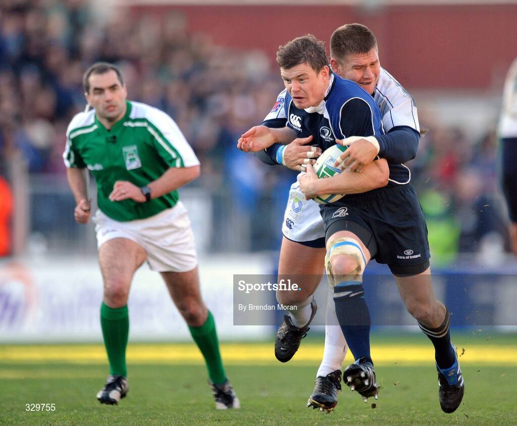 6 December 2008; Brian O'Driscoll, Leinster, is tackled by Gideon Lensing, Castres Olympique. Heineken Cup, Pool 2, Round 3, Leinster v Castres Olympique, RDS, Dublin. Picture credit: Brendan Moran / SPORTSFILE