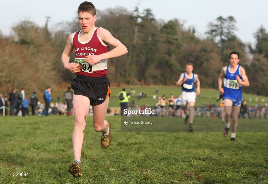 7 December 2008; Eventual winner, Shane Fitzsimons, Leinster, leads the field and feels the pain during the Boy's Under 15 race. Woodie’s DIY Novice and Uneven Ages Championships, Ballyhaise, Co Cavan. Picture credit: Tomas Greally / SPORTSFILE