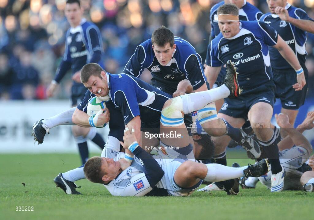 6 December 2008; Sean O'Brien, Leinster, is tackled by Gideon Lensing, Castres Olympique. Heineken Cup, Pool 2, Round 3, Leinster v Castres Olympique, RDS, Dublin. Picture credit: Brendan Moran / SPORTSFILE