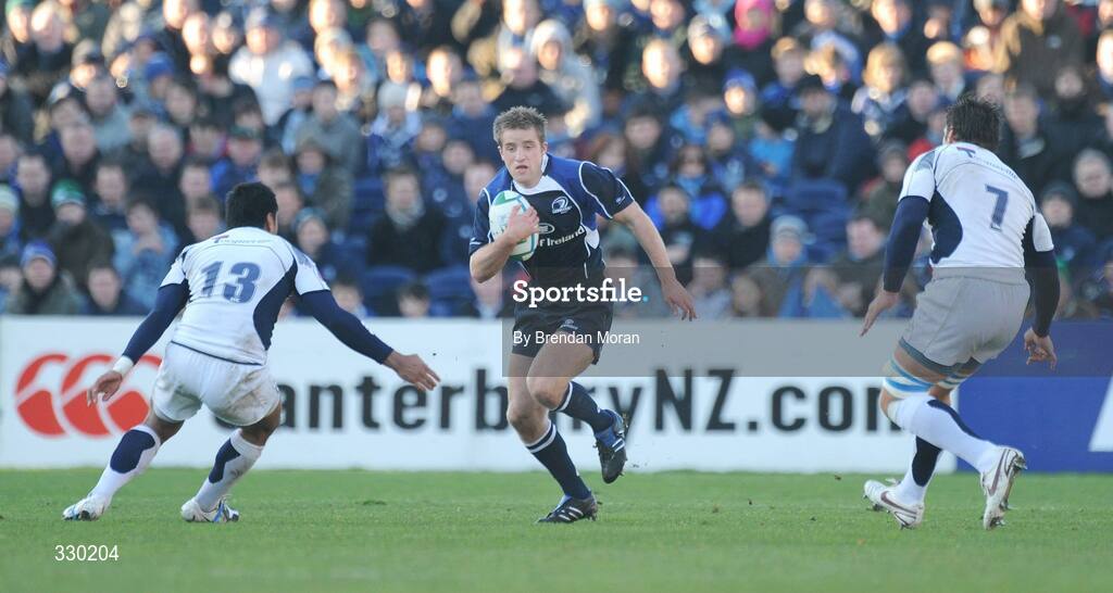6 December 2008; Luke Fitzgerald, Leinster, in action against Steve Kefu, left, and Darron Nell, Castres Olympique. Heineken Cup, Pool 2, Round 3, Leinster v Castres Olympique, RDS, Dublin. Picture credit: Brendan Moran / SPORTSFILE
