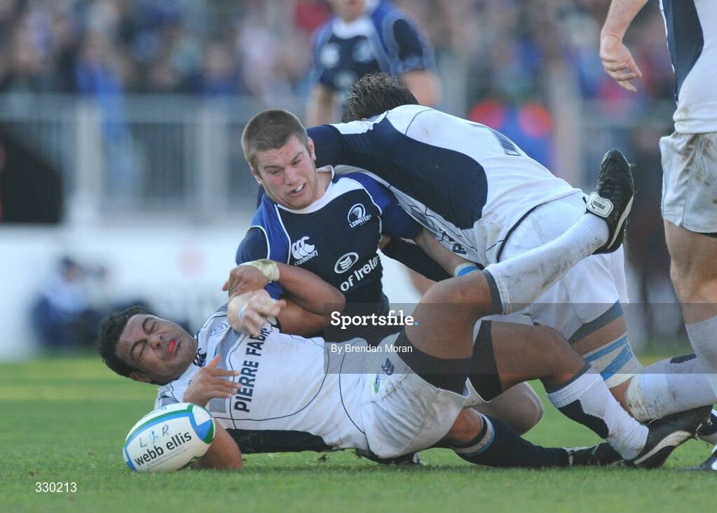 6 December 2008; Sean O'Brien, Leinster, vies for possession with Leiataua Tomiki, Castres Olympique. Heineken Cup, Pool 2, Round 3, Leinster v Castres Olympique, RDS, Dublin. Picture credit: Brendan Moran / SPORTSFILE