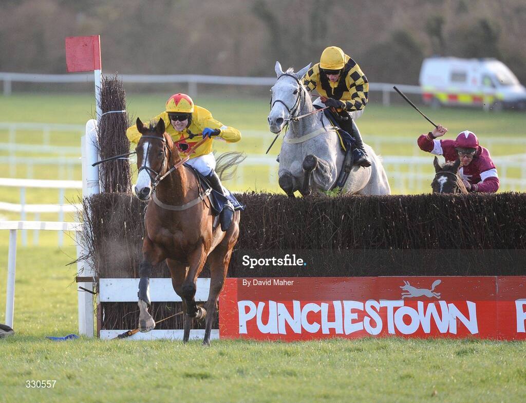 9 December 2008; Noland, with Sam Thomas up, clears the last ahead of second place The Listener, with Daryl Jacob up, on their way to winning the John Durkan Memorial Chase. Punchestown Racecouse, Naas, Co. Kildare. Picture credit: David Maher / SPORTSFILE