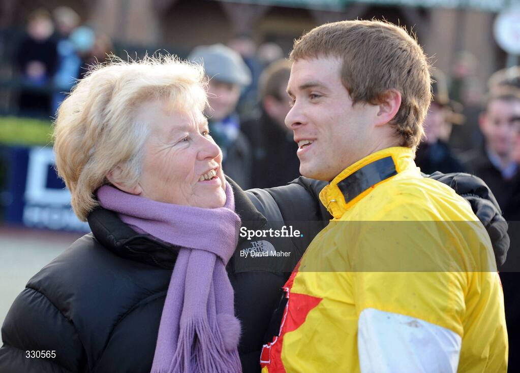 9 December 2008; Jockey Sam Thomas is congratulated by Pat Hales, wife of John Hales, owner of Noland, after winning the John Durkan Memorial Chase. Punchestown Racecouse, Naas, Co. Kildare. Picture credit: David Maher / SPORTSFILE