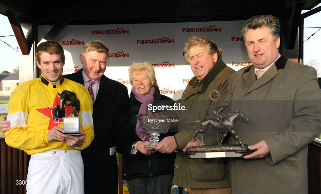 9 December 2008; Jockey Sam Thomas with winning connections, from left to right, John Durkan, Pat Hales, owner John Hales, and trainer Paul Nicholls after winning the John Durkan Memorial Chase on Noland. Punchestown Racecouse, Naas, Co. Kildare. Picture credit: David Maher / SPORTSFILE