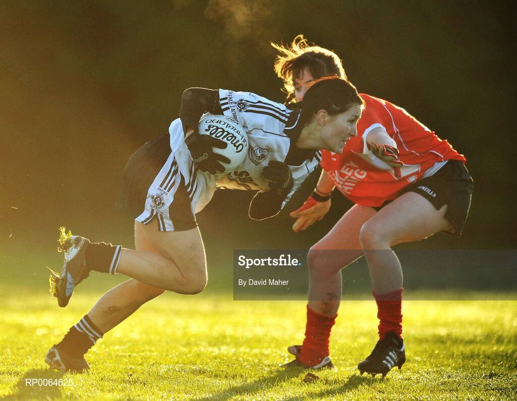 30 November 2008; Therese McNally, Emyvale, in action against Aine Ni Ghealbhain, Ballingeary Inchigeela. VHI Healthcare All-Ireland Ladies Intermediate Club Football Championship Final, Emyvale, Monaghan, v Ballingeary Inchigeela, Cork, St Rynagh's, Banagher, Co. Offaly. Picture credit: David Maher / SPORTSFILE