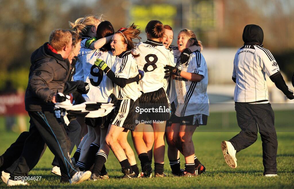 30 November 2008; Emyvale players celebrate with supporters at the end of the game. VHI Healthcare All-Ireland Ladies Intermediate Club Football Championship Final, Emyvale, Monaghan, v Ballingeary Inchigeela, Cork, St Rynagh's, Banagher, Co. Offaly. Picture credit: David Maher / SPORTSFILE