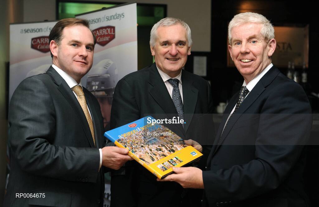 2 December 2008; Former Taoiseach Bertie Ahern T.D., centre, with Commercial Director, Carroll Cuisine, Alan Gilson and Sportsfile photographer Ray McManus at the book launch of A Season of Sundays 2008. In its twelfth successive year Sportsfile photographers have captured another historic GAA year. Jurys Croke Park Hotel, Jones Road, Dublin. Photo by Sportsfile