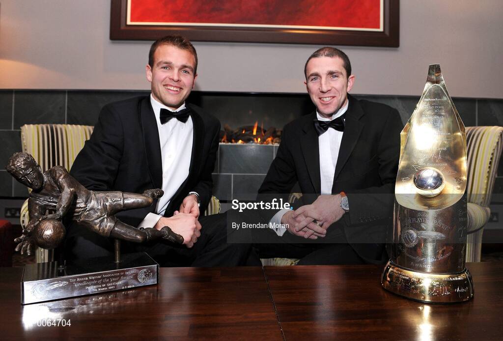 4 December 2008; Bohemians team-mates Brian Murphy, left, who was named as Goalkeeper of the Year, and Owen Heary, who was named eircom / SWAI Personality of the Year at the 2008 eircom / Soccer Writers Association of Ireland Awards. The Hilton Hotel, Charlemont Place, Dublin. Picture credit: Brendan Moran / SPORTSFILE