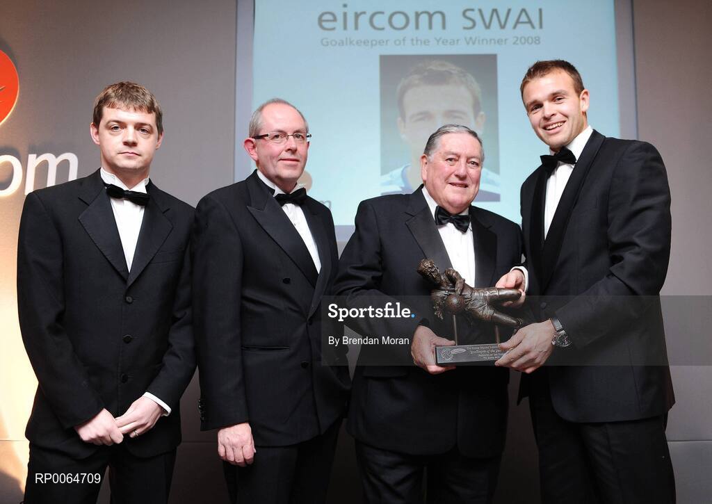 4 December 2008; Barry Murphy, right, of Bohemians, is presented with the Goalkeeper of the Year award by Des Casey, UEFA Executive Member, in the company of Padraig Corkery, 2nd from left, Head of Sponsorship, eircom, and Owen Cowzer, President of the SWAI, at the 2008 eircom / Soccer Writers Association of Ireland Awards. The Hilton Hotel, Charlemont Place, Dublin.  Picture credit: Brendan Moran / SPORTSFILE