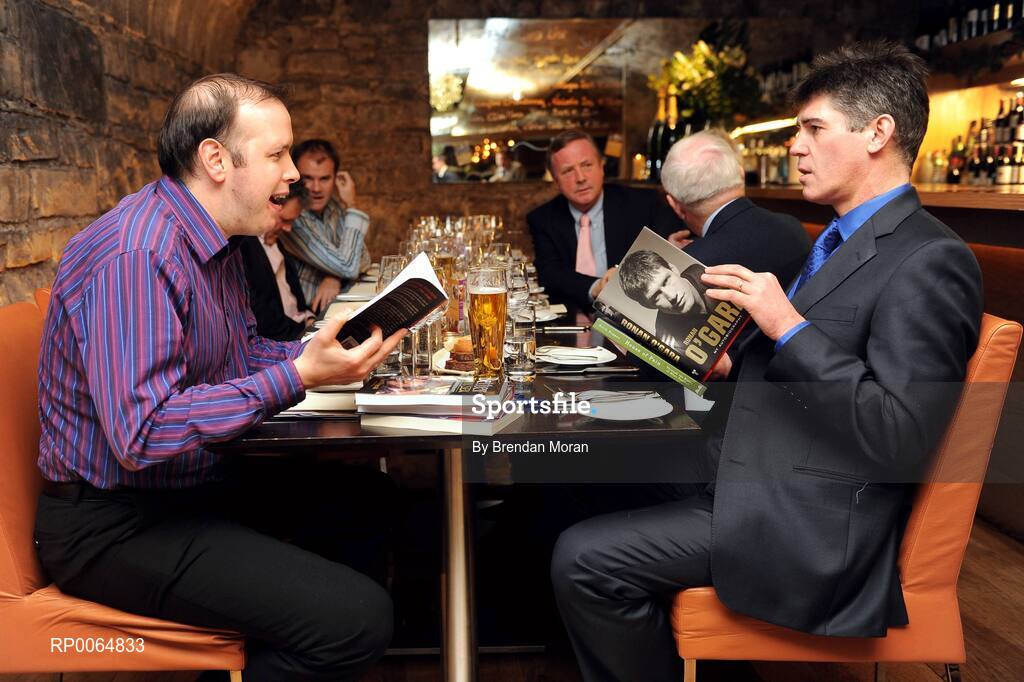 8 December 2008; Jerry O'Sullivan, left, of Newstalk, and Paul Dempsey, of Setanta Sports, in conversation at the Judges Dinner to decide the shortlist for this year’s William Hill Irish Sports Book of the Year Award. Ely Restaurant, IFSC, Dublin. Picture credit: Brendan Moran / SPORTSFILE