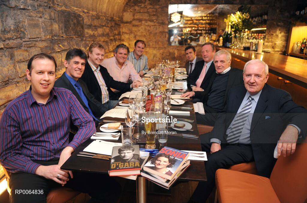 7 December 2008; At the Judges Dinner to decide the shortlist for this year’s William Hill Irish Sports Book of the Year Award, from left, Jerry O'Sullivan, Newstalk, Paul Dempsey, Setanta Sports, Matt Cooper, Today FM, Adrian Logan, UTV, Kieran Holden, TV3, Tony Kenny, William Hill PR manager for Ireland, Derek Henderson, Press Association, Eamon Dunphy and Bill O'Herlihy, O'Herlihy Communications. Ely Restaurant, IFSC, Dublin. Picture credit: Brendan Moran / SPORTSFILE