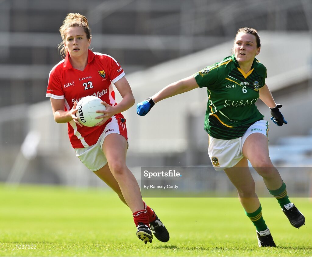 3 August 2015; Maire O'Callaghan, Cork, in action against Paula Dunne, Meath. TG4 Ladies Football All-Ireland Senior Championship, Qualifier Round 2, Cork v Meath. Semple Stadium, Thurles, Co. Tipperary. Picture credit: Ramsey Cardy / SPORTSFILE