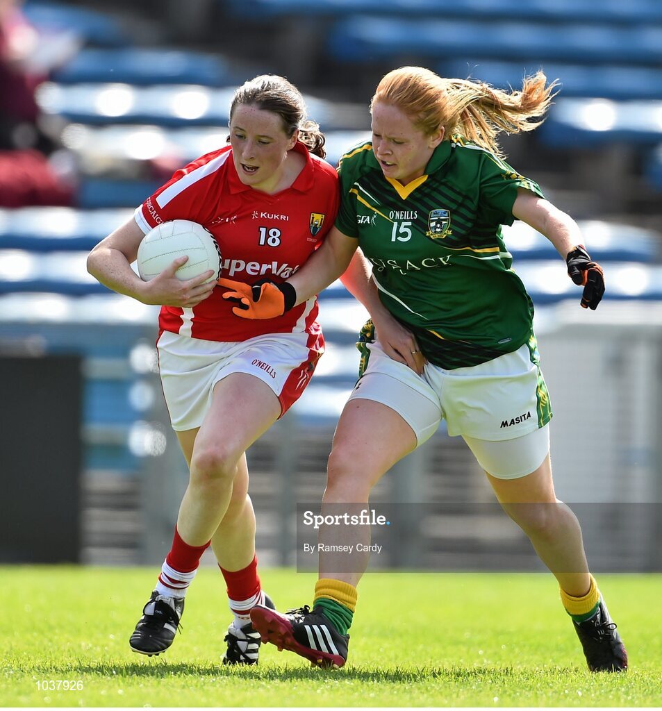 3 August 2015; Aine O'Sullivan, Cork, in action against Sarah Powderly, Meath. TG4 Ladies Football All-Ireland Senior Championship, Qualifier Round 2, Cork v Meath. Semple Stadium, Thurles, Co. Tipperary. Picture credit: Ramsey Cardy / SPORTSFILE