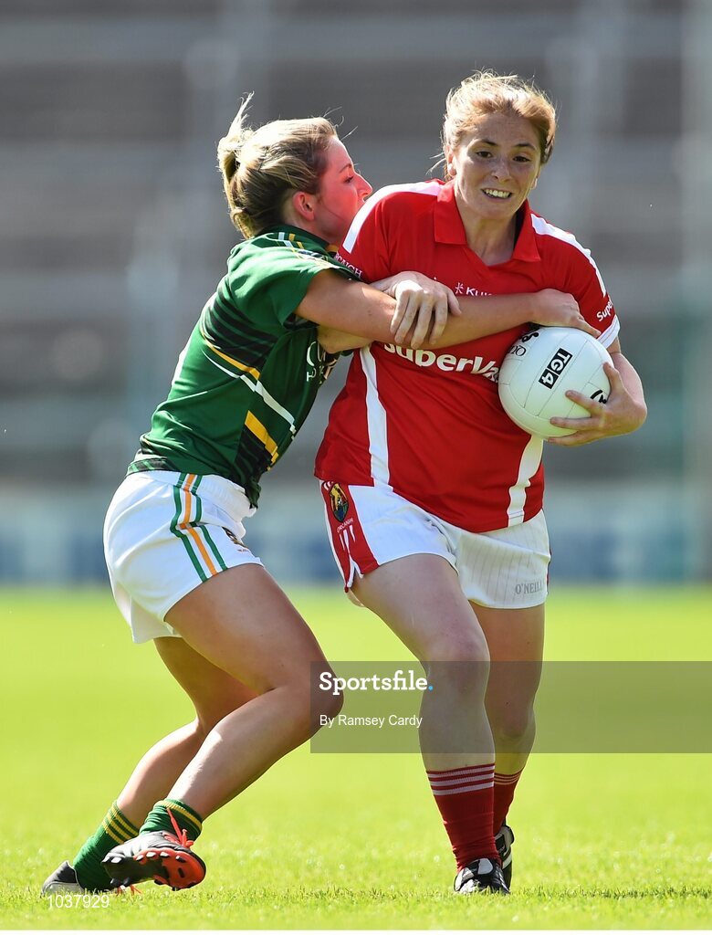 3 August 2015; Rhona Ni Bhuachalla, Cork, in action against Aideen Guy, Meath. TG4 Ladies Football All-Ireland Senior Championship, Qualifier Round 2, Cork v Meath. Semple Stadium, Thurles, Co. Tipperary. Picture credit: Ramsey Cardy / SPORTSFILE