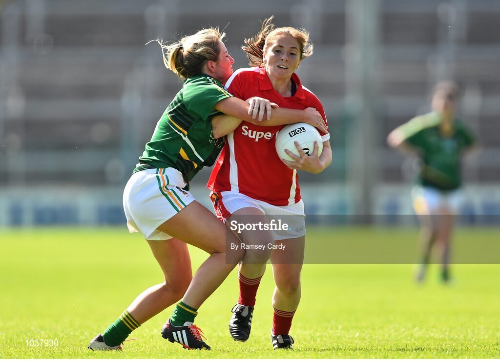 3 August 2015; Rhona Ni Bhuachalla, Cork, in action against Aideen Guy, Meath. TG4 Ladies Football All-Ireland Senior Championship, Qualifier Round 2, Cork v Meath. Semple Stadium, Thurles, Co. Tipperary. Picture credit: Ramsey Cardy / SPORTSFILE