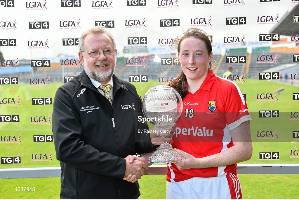 3 August 2015; Cork's Aine O'Sullivan is presented with the player of the match award by Finbarr O'Driscoll, Leinster President, LGFA. TG4 Ladies Football All-Ireland Senior Championship, Qualifier Round 2, Cork v Meath. Semple Stadium, Thurles, Co. Tipperary. Picture credit: Ramsey Cardy / SPORTSFILE