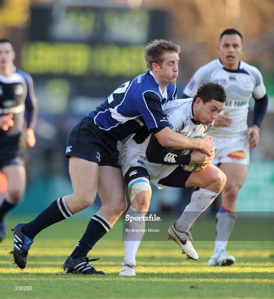 6 December 2008; Cameron McIntyre, Castres Olympique, is tackled by Luke Fitzgerald, Leinster. Heineken Cup, Pool 2, Round 3, Leinster v Castres Olympique, RDS, Dublin. Picture credit: Brendan Moran / SPORTSFILE