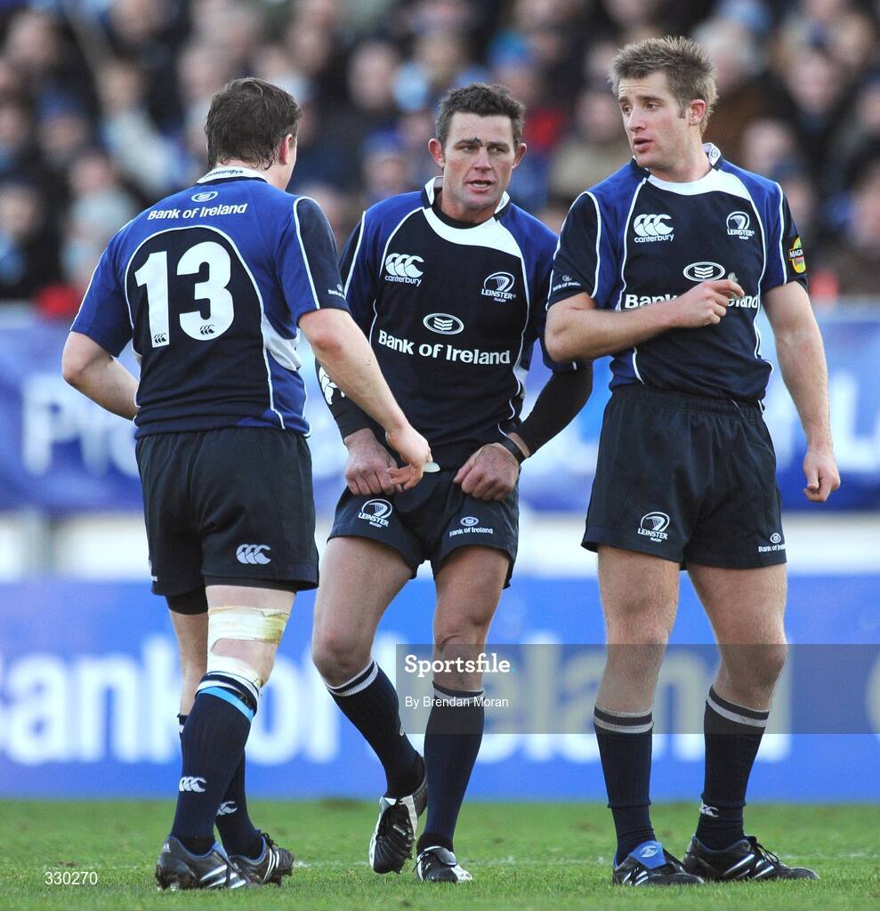 6 December 2008; Leinster out-half David Holwell, centre, discusses tactics with team-mates Brian O'Driscoll and Luke Fitzgerald. Heineken Cup, Pool 2, Round 3, Leinster v Castres Olympique, RDS, Dublin. Picture credit: Brendan Moran / SPORTSFILE