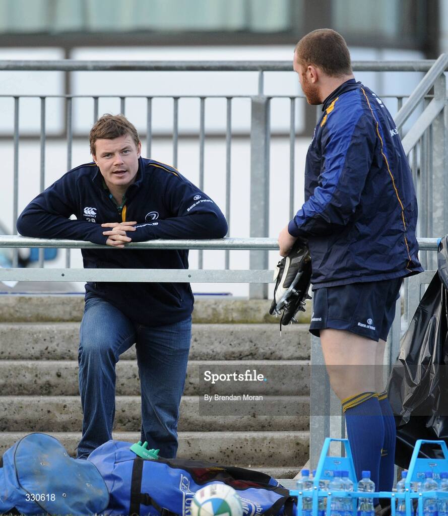 9 December 2008; Leinster's Brian O'Driscoll in conversation with team-mate Stephen Keogh before squad training. Donnybrook Stadium, Dublin. Picture credit: Brendan Moran / SPORTSFILE