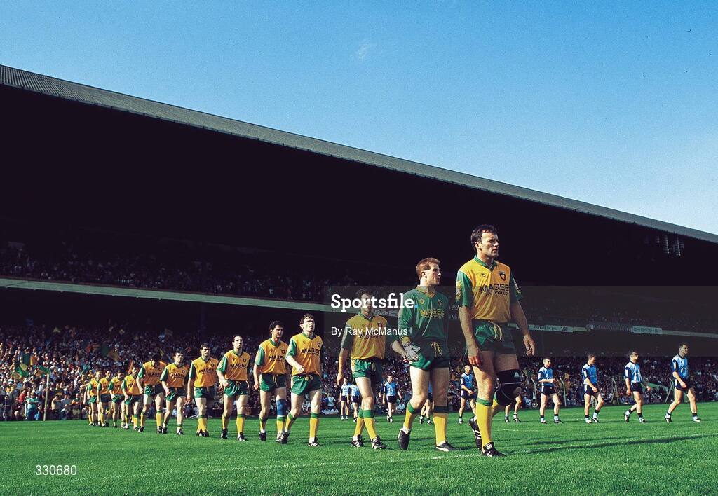 20 September 1992; The Donegal and Dublin teams in the pre-match parade before the All-Ireland Senior Football Championship Final match between Dublin and Donegal at Croke Park in Dublin. Photo by Ray McManus/Sportsfile